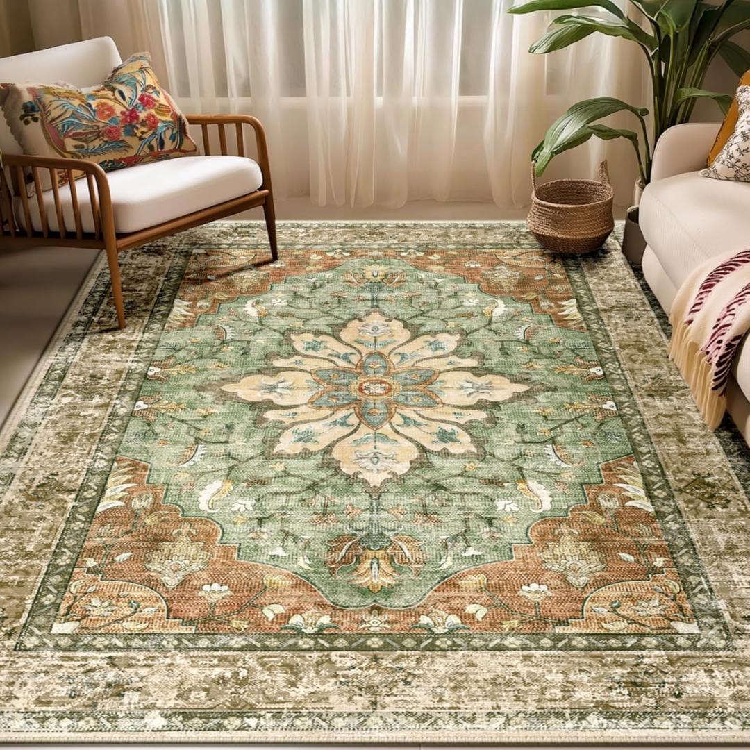 Area Rugs 5'x7' Washable Non-Slip, Floral Vintage Distress Print Pattern Medallion Carpet for Living Room Bedroom Dining Room, Brick Red Rust Red Neutral