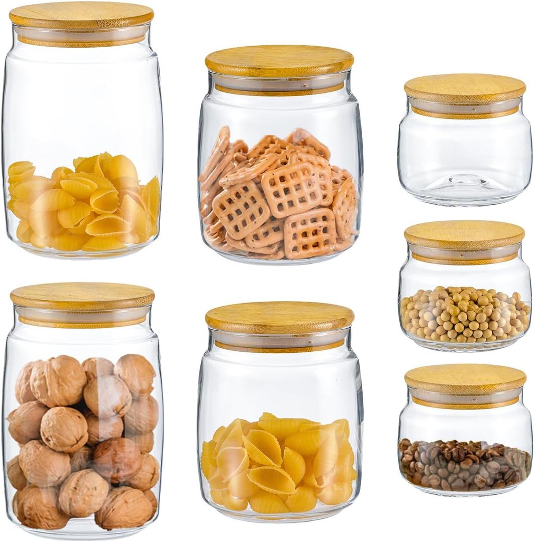 Glass Food Storage Jars with Lids, (40.5oz/29oz/17oz), 7 Packs Hand Blown Glass Storage Containers with Lids, Pantry Organization