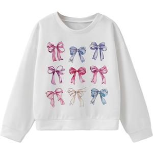BEAUDRM Girl's Bow Graphic Sweatshirts Long Sleeve Crewneck Cute Pullover Cute Pullover Tops T Shirt (White)