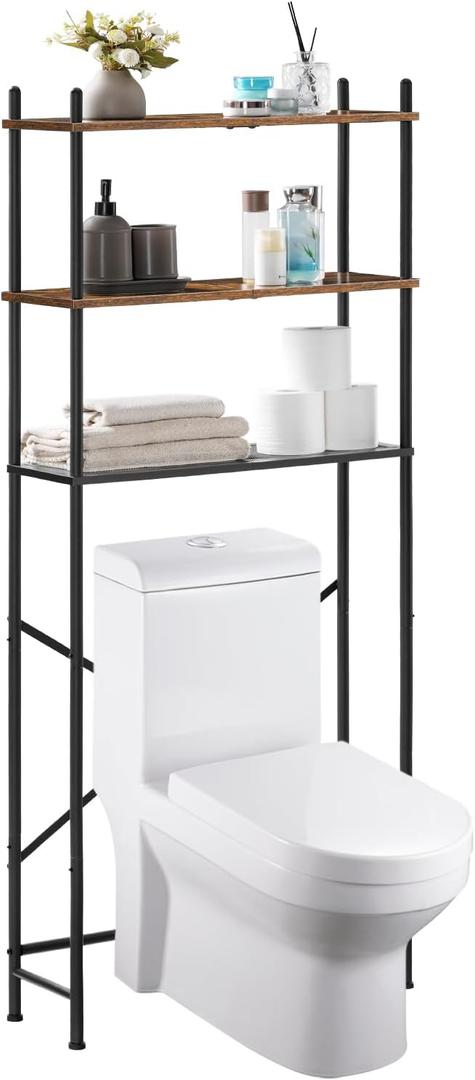 HOOBRO Over The Toilet Storage, 3-Tier Over Toilet Bathroom Organizer, Freestanding Above Toilet Shelf with Adjustable Feet, Space Saving, Easy Assembly, Rustic Brown and Black BF63TS01