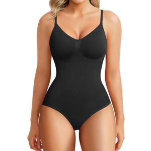 BRABIC Womens' Seamless Sleeveless V-Neck Bodysuit Shapewear Tummy Control (Medium-Large, Black Brief)