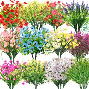 26 Bundles 13 Style Artificial Flowers for Outdoors Multicolor Fake Flowers Plastic Plants Faux Lavender Pansies UV Resistant for Spring Summer Garden Patio Hanging Planter Window Box Vase Decor