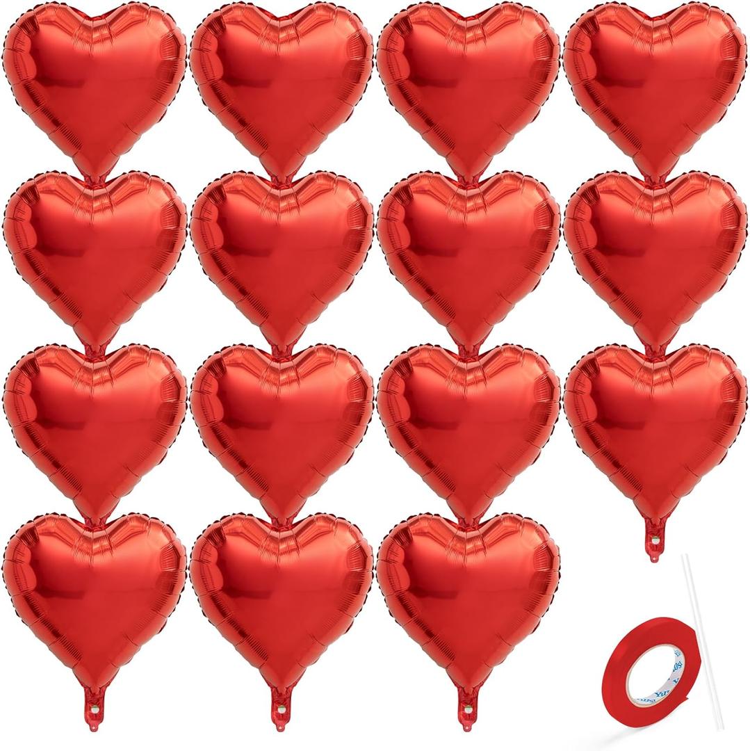 15 PCS Red Heart Balloons, 18 Inch Heart Shaped Balloons Foil with Ribbon, Heart Foil Balloon for Baby Shower, Birthday, Party, Valentines Day Decorations 