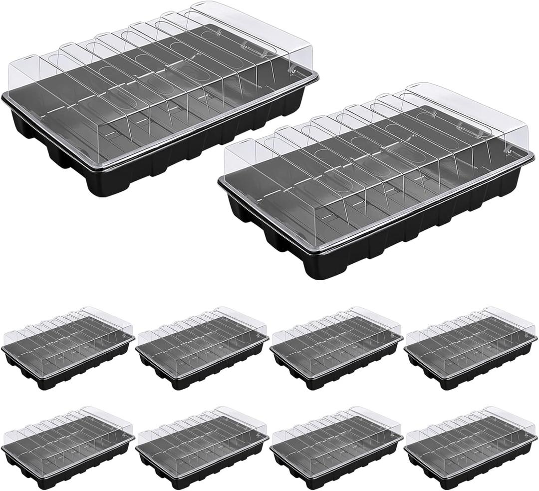 10 Set Strong Seed Trays with Domes (No Drain Holes),14.5''x 8.8''x 4.1''Black Plant Seed Tray, Seedling Starter Trays (Cell Tray Not Included) for Seed Germination and Seedling Propagation