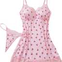 WDIRARA Women's Cherry Lingerie Dress 2 Piece Sleepwear Lace Trim Chemise Nightgown with Thong Small