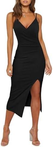 WAYMAKER Women's Sexy V Neck Spaghetti Strap Sleeveless Wrap Ruched Side Slit Bodycon Cocktail Party Wedding Guest Dress , Black, Size M
