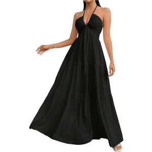 SHENHE Women's Deep V Neck Tie Knot Backless Halter Dress A Line Flowy Ruffle Maxi Dress, Black, Large