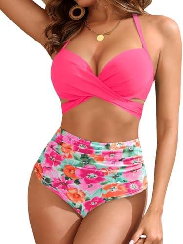 High Waisted Underwire Bikini Sets - Women 2025 Two Piece Swimsuits Halter Bathing Suits with Tummy Control Bottom XL Pink Floral