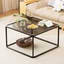 Coffee Table Glass, Minimalist Square Tables for Living Room, Modern Center Table for Office or Small Space, Sturdy Metal Frame, Easy Assembly, 26.4 x 26.4 x 15.7 Inches, Black & Grey Glass, 26.38 x 26.38 x 15.75 inches