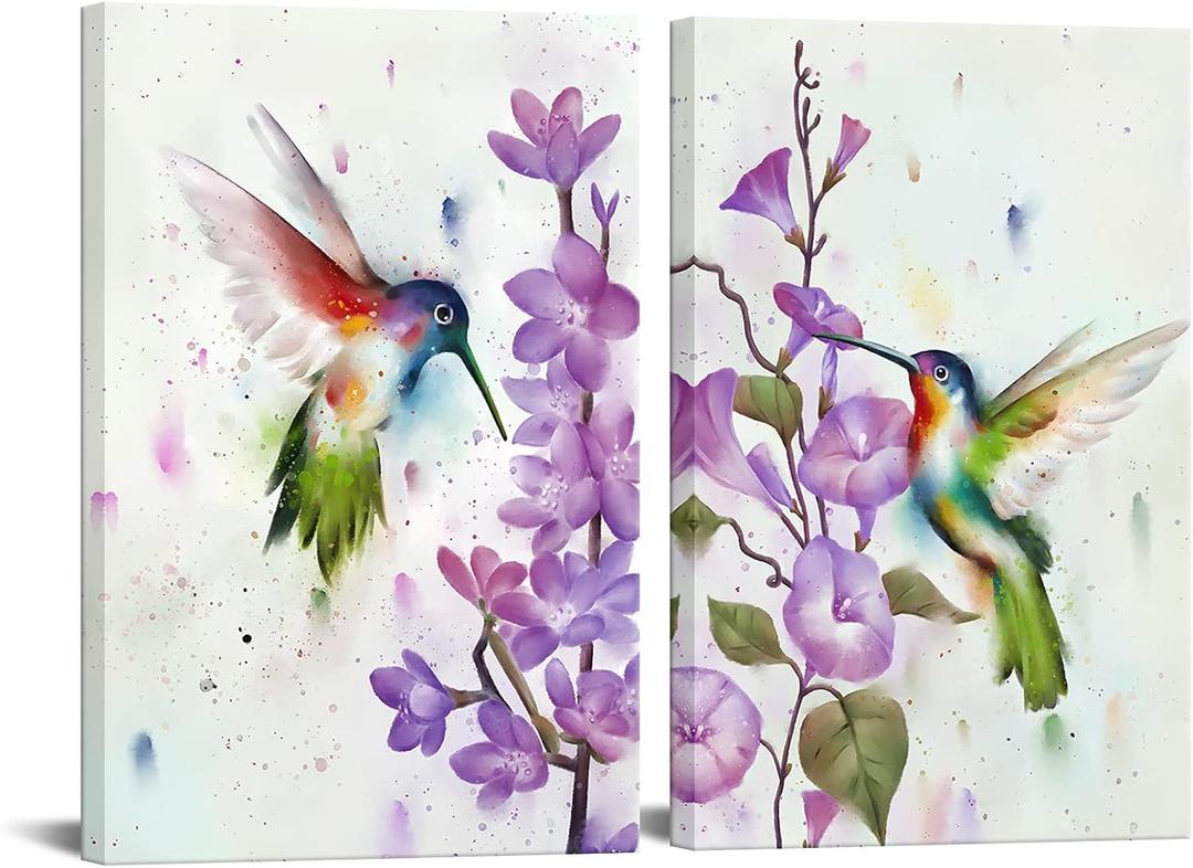 DuoBaorom Hummingbird Canvas Print Picture 2 Pieces Wall Art Abstract Bird Painting Bedroom Kitchen Decor 16"X24"