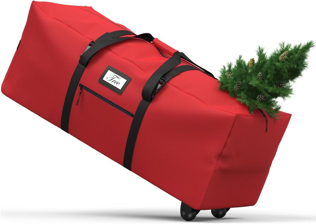 Christmas Tree Storage Bag with Rolling Wheels, Fits for 9ft Xmas Artificials, Large Xmas Storage Container with Reinforced Carry Handles and Fixed Buckle, 600D Oxford Cloth, Dual Zippers