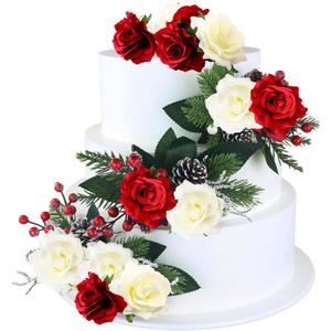 Gyufise 8Pcs Flower Cake Toppers Boho Cake Toppers Artificial Rose Cake Decorations for Women Birthday Baby Shower Wedding Valentine's Day Celebration Boho Party Supplies White Red