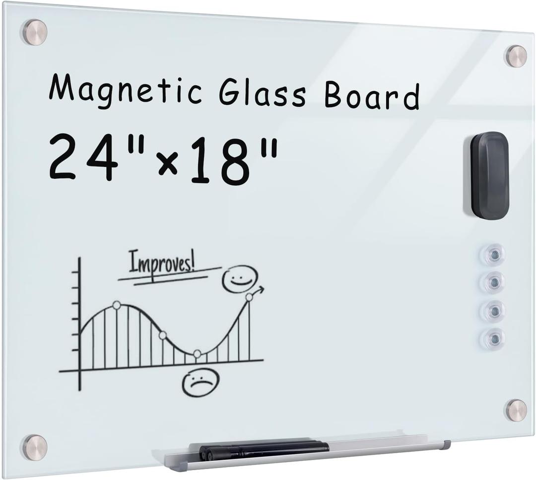 Mifuro Magnetic Glass Whiteboard24"x18" Wall Mounted Frameless Dry Erase Board for Office, Home & School White