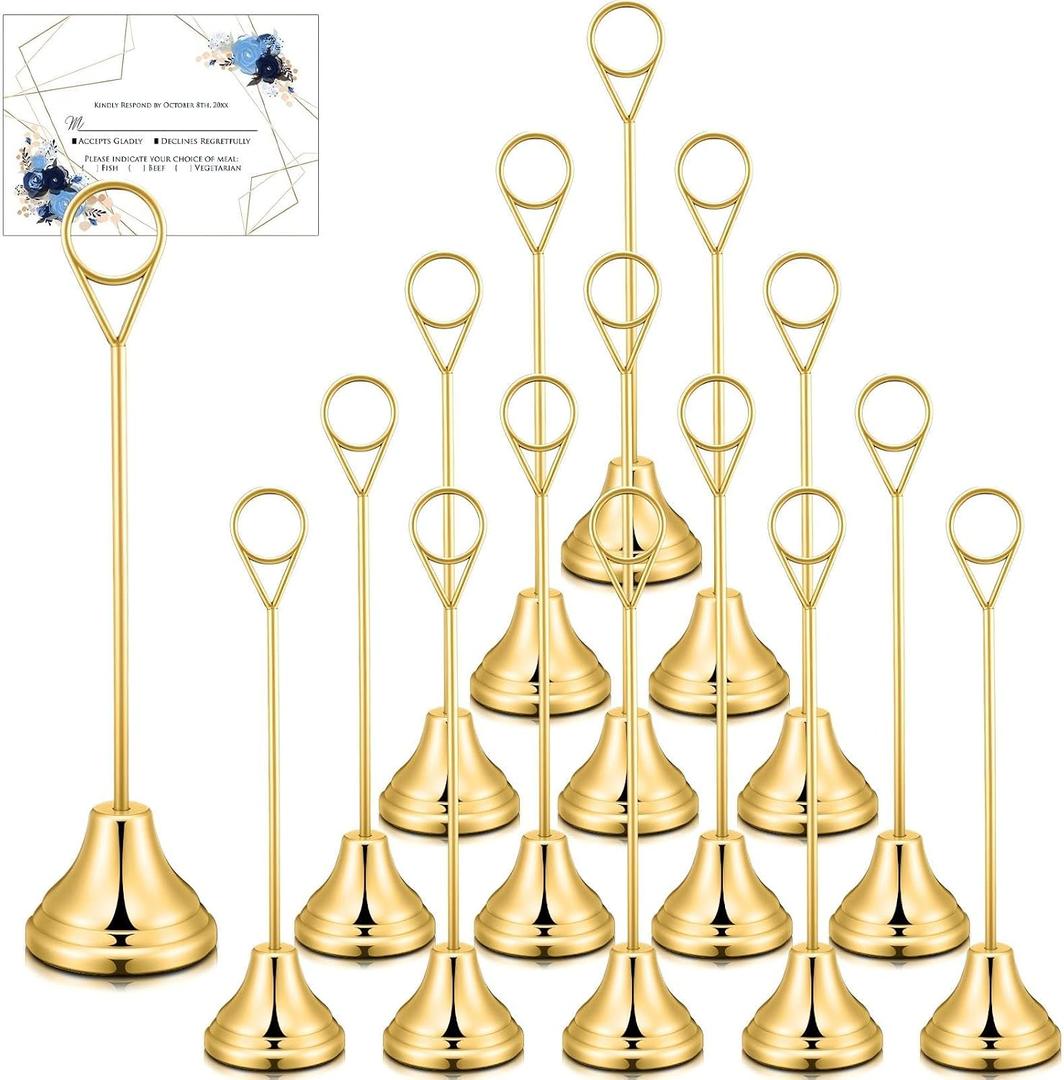Marspark 16 Pcs Table Number Holders 8'' Metal Place Card Holders Weddings Table Sign Menu Memo Note Picture Photo Round Clip Weighted Base Stand for Anniversaries Birthdays Restaurants(Gold)