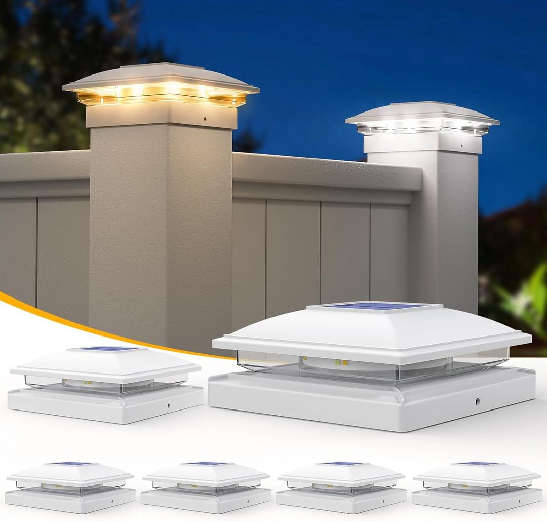 APONUO Solar Post Cap Lights, 6 Pack 2-Modes Bright 5x5 Vinyl Fence Post Caps Solar Lights Outdoor Waterproof Garden Patio Decor for Fence Deck Post 4x4,6x6 Wood,4x4,5x5 Vinyl (White)