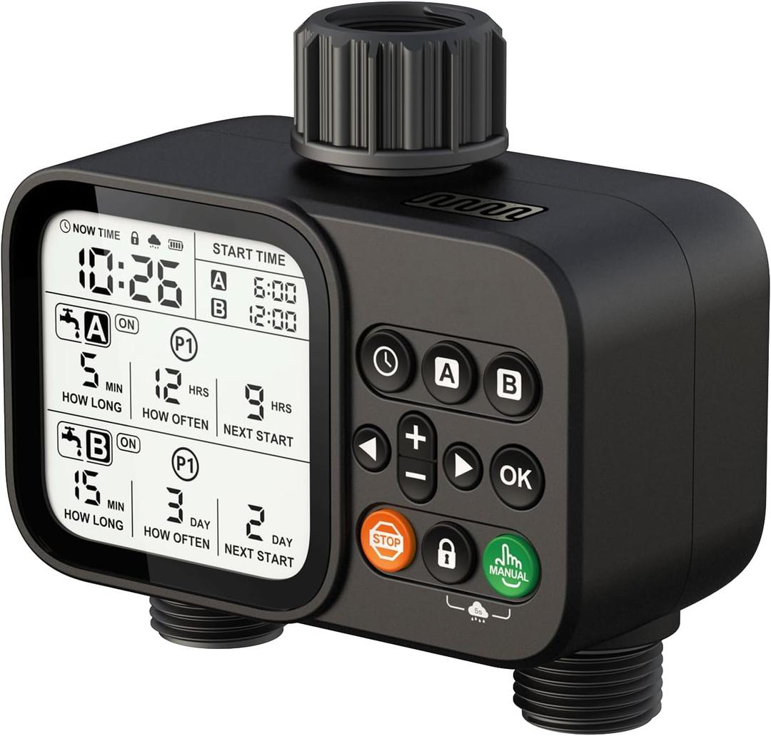 2 Zone Sprinkler Timer for Garden Hose, 8 Programmable Hose Water Timer with Auto Rain Delay, 3.3“ Large LCD Display Digital Irrigation System for Plant, Yard, Lawns, Outdoor