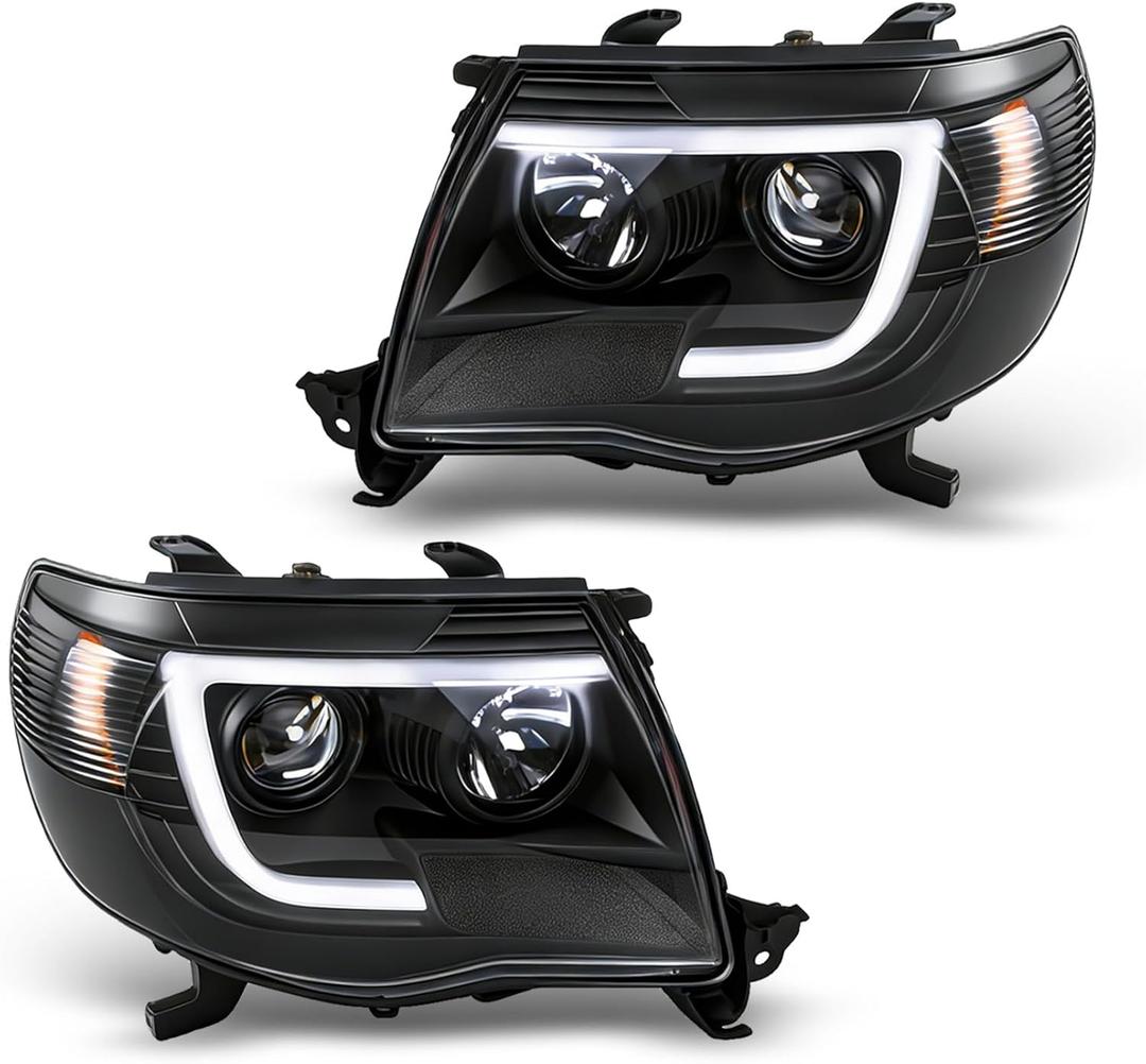 waltyotur Driver and Passenger Side Headlights Replacement for Tacoma 2005-2011 Black Smoked Tube Projector Left and Right Headlamps Assembly 8111004160, 8111004163