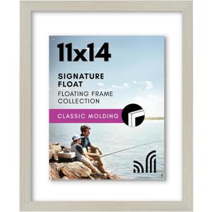 Americanflat 11x14 Floating Picture Frame with Polished Crystal-Clear Glass - Use as 8x10 Picture Frame or Display 5x7 Photo - Signature Float Collection - Photo Frames for Wall Display - Light Wood