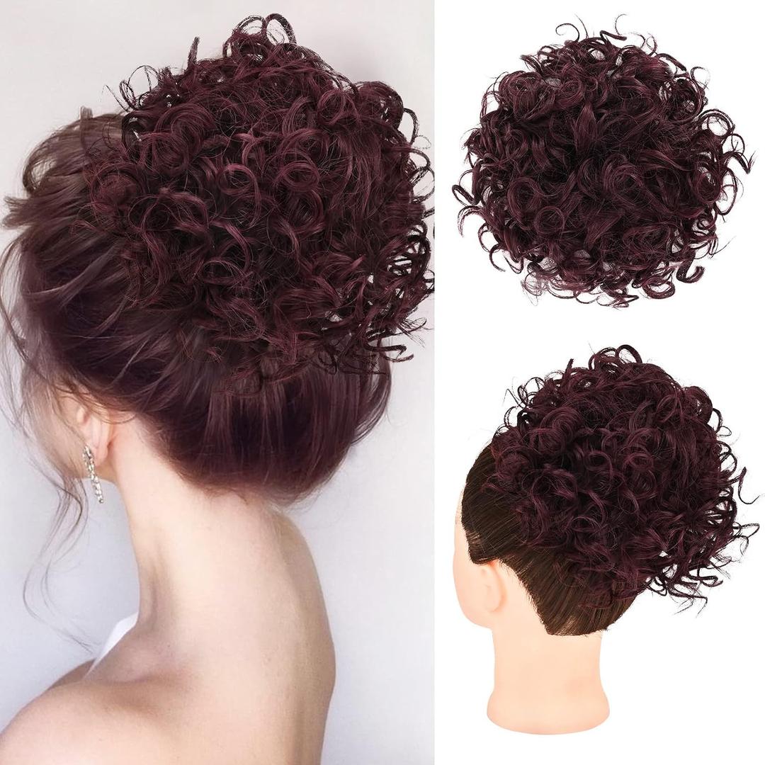 HOOJIH Curly Hair Bun, Messy Bun Hair Piece Elastic Drawstring Messy Bun Large Full Hair Bun Extension Hairpiece Short Synthetic Ponytail Extension for Women Dark Auburn Red with Black Mixed