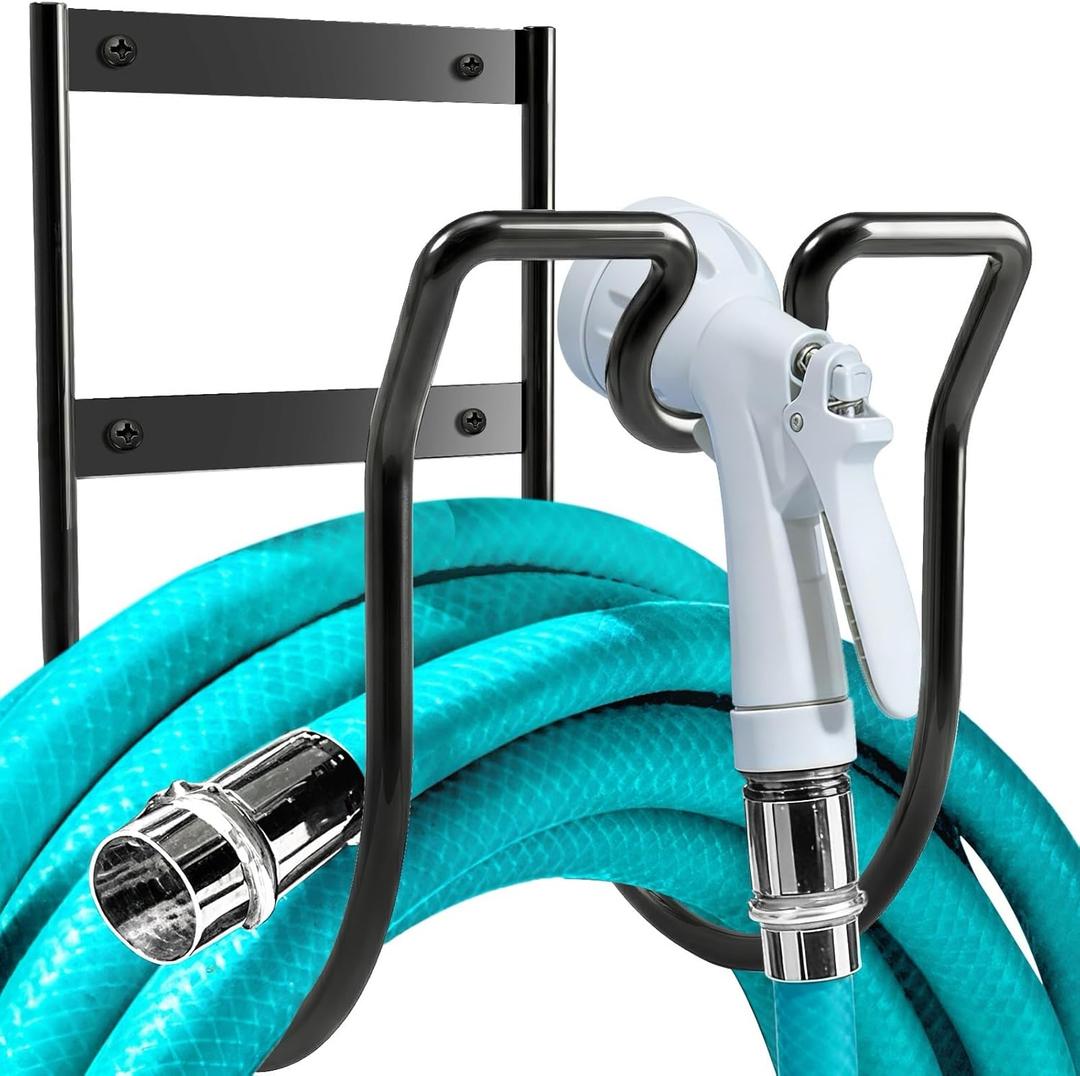 Hose Hanger Wall Mount, Metal Garden Hose Holder with Nozzle Groove for Outside Inside Water Hoses Extension Cords Air Lines, Black, 2 Pcs