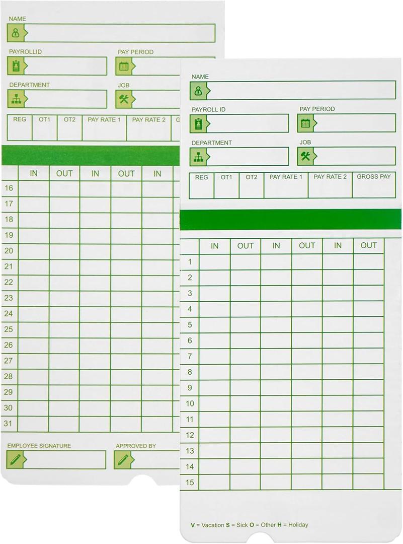 TLPMSK Time Cards for Employees Monthly, Numbered Days, All Pay Periods, 300 Count, 2-Sided, 3 3/ 8" x 7 3/ 8", Green Print, Timecards for Time Clocks
