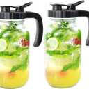 Glass Mason Jars Pitcher 32 Oz Pour Spout Lids & Handle (2 Set) Wide Mouth Airtight Leak Proof Fridge Breast Milk Pitcher With Top Flip Cap 1 Quart Water Jug For Cold Brew Coffee, Iced Tea, Beverage (Black)