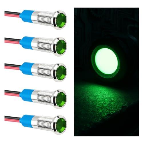 YGDMD 5PCS 6mm Car LED Indicator Light 12V with 147mm Wire,Water Resistant IP66 Signal Lamp with High Light Beads for Replacing Brake Lights,Metal Car Accessories Push Button Switch (Green)