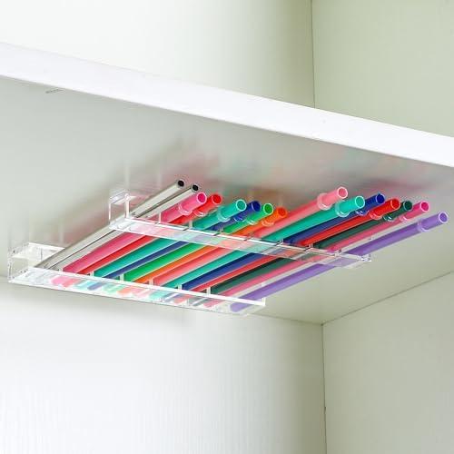 Baderke Straw Holder for Cabinet Reusable Straw Organizer with Double Sided Adhesive Tape Screws Storage Container for Kitchen Counter Cupboard (Clear,Novel)