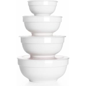 DOWAN Ceramic Bowl Set with Lids, Serving Bowls, Food Storage Container, Porcelain Prep Bowl, Small Mixing Bowls for Kitchen, Microwave & Dishwasher Safe, 64/42/22/12 Ounces, Set of 4, Soft White