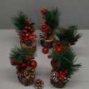 Hollyone Small Christmas Tree Cedar 10" Tabletop Snowman Potted Plants with Vase Artificial Mini Xmas Tree Decorations Plant with Christmas Ball Ornaments Berries Pine Cones Slim Tree Party Home Decor