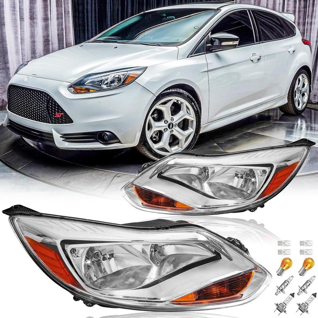 Headlights Assembly with Bulbs for 2012 2013 2014 Ford Focus 3rd Gen Pre-Facelift Halogen Headlamps Replacement Driver and Passenger Side Pair,Chrome Housing Amber Reflector