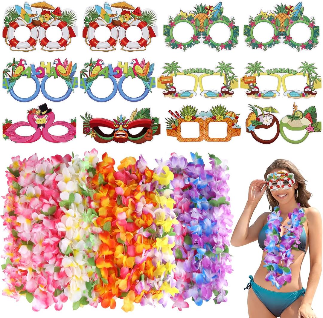 12 Pieces Hawaiian Leis and 12 Pieces Luau Party Glasses, Hawaiian Accessories, 12 Colours Leis for Luau Party, 8 Styles Paper Glasses for Hawaii Luau Party Favors