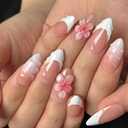 Handmade Press On Nails - MAGLFELL Spring Nails Almond False Nails, 3D Pink Carving Floral and French Design, 10Pcs Reusable Acrylic Fingernail Salon Artificial Nails Kit (Size S)