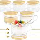 Icesip 14oz Vintage Coffee Mugs Glass of 6 Overnight Oats Glass Containers with Bamboo Lids Spoons Handle for Iced Coffee Latte Cereal Yogurt(6 Mixed Pattern with Sealing Ring Lid)