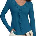 Women's Long Sleeve Shirts Dressy Casual V Neck Ruffle Knit Tunic Tops 2025 Fall Trendy Work Blouse (S)