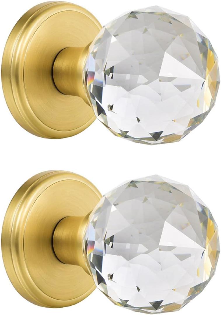 2 Pack Crystal Glass Dummy Door Knobs, Inactive Round Half-Dummy Door Knob Set, Single Side, Satin Brass