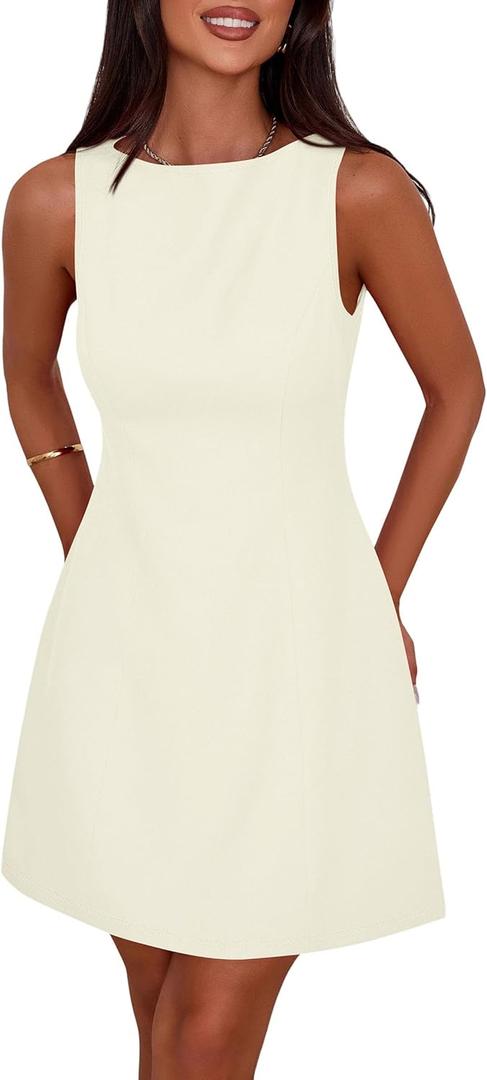 PRETTYGARDEN Womens Formal Short Dresses 2025 Summer Sleeveless Boat Neck A Line Elegant Mini Cocktail Party Dress (Medium, Beige)