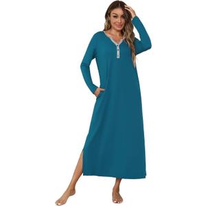 Marvmys Womens Long Sleeve Nightgowns Long Button Up Night Gown Henley V Neck Full Length Sleep Shirts with Pocket (Blue, XL)