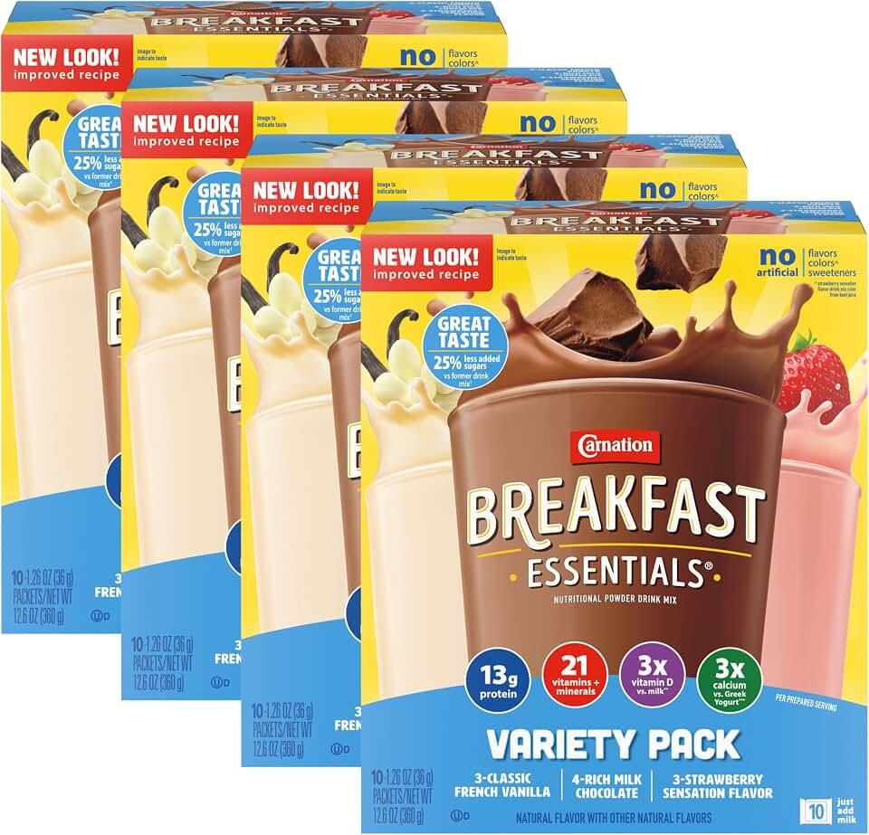 Carnation Breakfast Essentials Powder Drink Mix Variety Pack, Complete Nutritional Drink, 10 Count Box of 1.26 oz Packets (Pack of 4), June 22, 2027