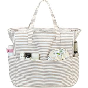 LEDAOU Beach Bag Waterproof Sandproof Women Beach Tote Pool Bag with Zipper for Swim Gym Grocery Travel with Wet Pocket | Sandproof, with Zipper, for Gym, Grocery, Travel, with Wet Pocket (Khaki Stripe)