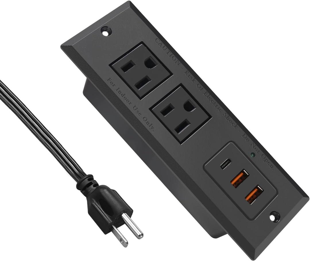 20W Recessed Power Strip USB C Fast Charge Desk Power Outlet Type C Flush Mounted Extension Power Plug for Conference Countertop Desktop Drawer Sofa ETL Listed (Black) (6.56 ft)