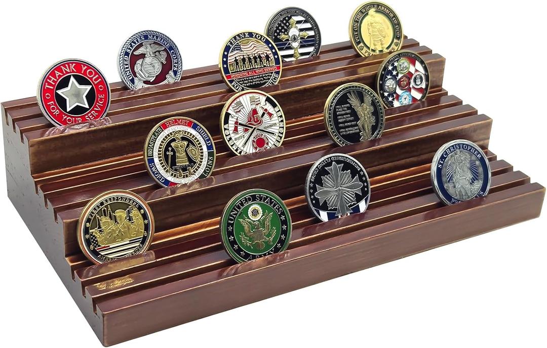 Challenge Coin Display Stand, Solid Wood Military Coin Holder Display, 9 Rows of Challenge Coin Holders, Holds 45-60 Coins