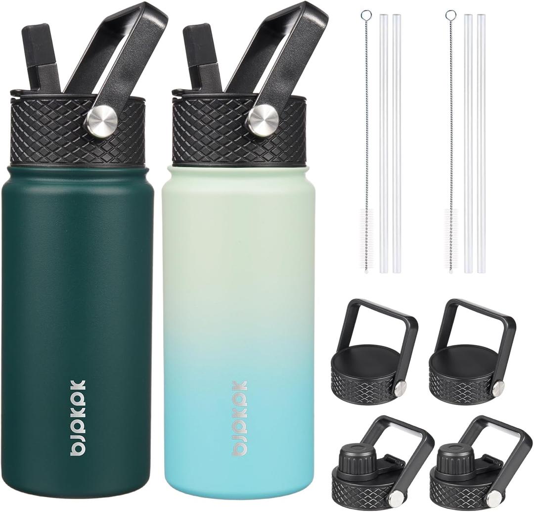 BJPKPK 2 Pack Insulated Water Bottles with Straw Lids, 18oz Stainless Steel Metal Water Bottle with 6 Lids, Leak Proof BPA Free Thermo, Cups, Flasks for Travel, Sports (Army Green+Mint)