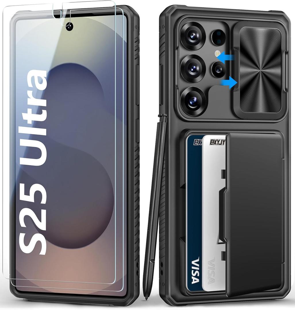 BXYJY for Samsung Galaxy S25 Ultra Case with Tempered Glass Screen Protector, Wallet Card Holder (4-5 Card), Slide Camera Cover, Military Grade Protection, Heavy Duty Case for Samsung S25 Ultra, Black