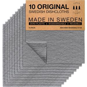 SUPERSCANDI 10 Pack Swedish Dishcloths for Kitchen - 100% Biodegradable & Compostable Reusable Paper Towels Washable, Food-Safe & Without Plastic - Dish Rags Suitable for Any Surface, Grey