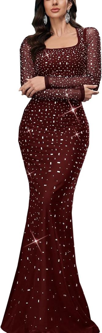 Women's Formal Evening Gown Elegant Rhinestone Long Prom Dress Wedding Guest Party Cocktail Bridesmaid Maxi Dress (#1 Burgundy, Small)