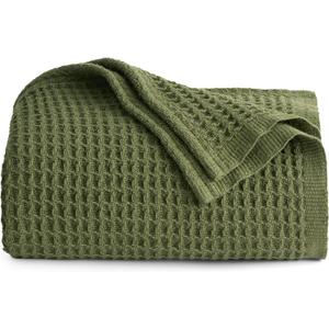 Bedsure 100% Cotton Blanket Twin XL Size for Bed - Breathable and Soft, Waffle Weave Blanket for Summer Spring, Olive Green, 66x90 inches