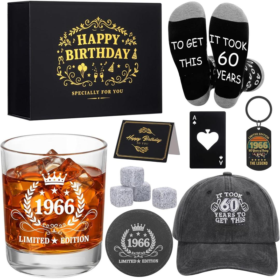 60th Birthday Gifts for Men Whiskey Glass Set of 12 Cool 1966 Birthday Gifts with Box Include Vintage 1966 Whiskey Glass Stones Baseball Cap Sock for Him, Dad, Husband, Friend