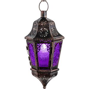 NEEDOMO Halloween Decorative Indoor Hanging Moroccan Lantern, 13.5'' Vintage Metal Candle Holder with 14.8" Chain, Ramadan Lanterns Decorative Indoor Outdoor for Home, Table, Patio, Porch (Purple)