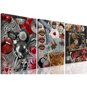 Black Girl Cheetah Wall Art Trendy Leopard Wall Decor Set of 3, Preppy Black Woman Poster Canvas Print Fashion Lucky Y2k Music Record Player Artwork for Bedroom Living Room 16x24 inch Framed